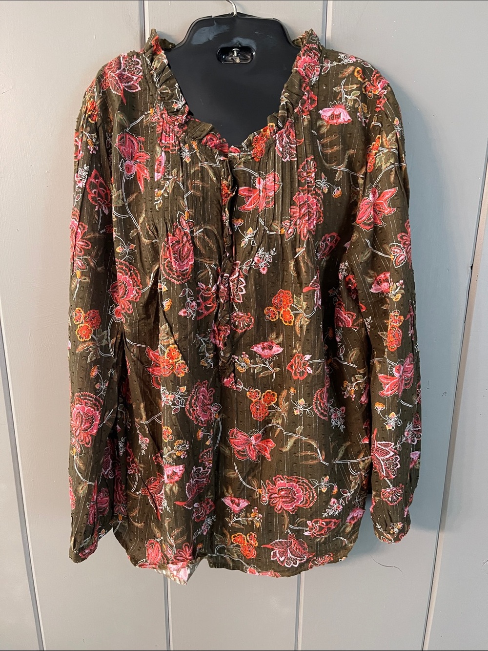 Talbots Plus Blouse Olive Green Coral Floral 2X Ruffle Romantic Cottage Bohemian